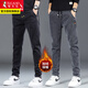 啄木鳥(niǎo)牛仔褲男士春秋季松緊腰運動(dòng)直筒褲冬季潮流修身休閑褲百搭長(cháng)褲子 130黑色加絨+139灰色加絨 28