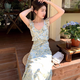 小野七天小飛袖碎花裙甜美溫柔風連衣裙女夏季小眾氣質修身荷葉邊A字長裙 【綠色 M】