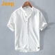 吉普（JEEP）美國正品冰絲亞麻文化短袖t恤襯衫夏季男士寬松休閑中式半袖上衣 白色 常規(guī) 【官方正品】 XL 推薦135-150斤