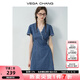 VEGA CHANGVEGA CHANG牛仔連衣裙女2025新款夏季小個(gè)子V領(lǐng)蕾絲花邊收腰短裙 海灣藍(lán)(短款) L