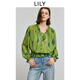 LILY2025夏新款復古幾何腰果花系帶V領(lǐng)收腰花邊長(cháng)袖套頭雪紡衫女 303淺綠 M