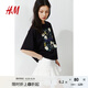 H&M女裝T恤2025秋季新款寬松印花美式圓領(lǐng)圖案落肩中袖上衣1287801 黑色/花卉 S 160/88
