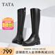 他她（TATA）大筒圍真皮騎士靴女靴子粗跟氣質(zhì)加絨長筒靴秋冬7TG87DG4 黑色 38
