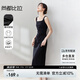 尚都比拉法式連衣裙女夏天赫本風(fēng)氣質(zhì)A字裙抽褶收腰顯瘦背帶裙 黑色 XL