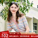 百圖betu女裝夏新款毛針織衫復(fù)古V領(lǐng)混彩條紋短袖針織衫女2305T85 粉紅 M