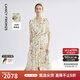 朗姿桑蠶絲v領高腰a字碎花裙2025年夏季新款高級感氣質(zhì)中長連衣裙 米白色 L