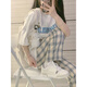 夏蓓朵運(yùn)動服套裝女夏裝2025新款初中高中學(xué)生寬松休閑短袖鹽系兩件套 Ymo熊#白色上衣+格子褲 L 【建議100-115斤】
