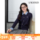 lagogo翻領(lǐng)藏青色針織衫女拉谷谷2025年春季新款miu系假兩件上衣 藏青色 M