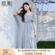 香影海邊度假藍(lán)色連衣裙女2025夏季新款過膝高腰法式方領(lǐng)雪紡裙子 藍(lán)色 L 165/88A/110-125斤