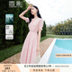 香影氣質(zhì)絕美連衣裙女2025夏季新款蕾絲花邊v領(lǐng)荷葉邊收腰仙女裙 粉紅 S
