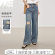 對白時髦復(fù)古水洗破洞牛仔褲女2025夏季新款個性休閑顯瘦直筒長褲 中古牛仔藍(lán) 27