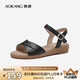 奧康（Aokang）女鞋坡跟一字帶涼鞋牛皮舒適日常休閑外穿媽媽鞋T666688810黑38碼