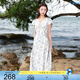 三彩大碼女裝2025夏新款蕾絲V領(lǐng)連衣裙短袖收腰復(fù)古提花印花胖MM