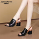 James Kevin品牌軟底設計感舒適魚(yú)嘴鞋2024秋季新款一字扣帶涼鞋女粗跟高跟鞋 黑色 38 240mm