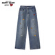 查爾斯桃心趣味小狗直筒牛仔褲男女情侶同款春秋季新款闊腿長(cháng)褲 復古藍 L