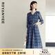 顏域七分袖V領(lǐng)連衣裙春裝女2024年新款女簡(jiǎn)約氣質(zhì)格子中長(cháng)款裙子 藍格 L
