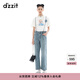 DZZIT地素背帶牛仔褲夏季貼布繡工藝直筒褲子女 藍(lán)色 S