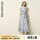 顏域V領(lǐng)收腰連衣裙女2025夏季新款寬松復(fù)古輕熟風(fēng)開(kāi)叉純棉長(zhǎng)裙子 灰花 XL