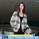 三彩大碼女裝2024冬季新款復(fù)古格紋毛呢外套短款V領(lǐng)雙排扣胖MM 黑白 L 165/92B