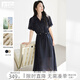 對白萊賽爾亞麻輕薄串珠連衣裙女2025夏季新款休閑通勤垂感襯衫裙 藏青色 M