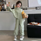 女童休閑運動(dòng)套裝2025春秋新款韓版寬松連帽工裝外套闊腿褲兩件套 綠色 150
