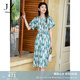 玖姿·安娜蔻浪漫度假風(fēng)暈染花印花腰帶收腰連衣裙女2024夏款 花紋藍(lán)色 2XL