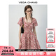 VEGA CHANG碎花連衣裙女2025新款夏季法式方領(lǐng)泡泡袖收腰甜美短裙 紅鳶色 M