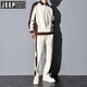 JEEP SPIRIT吉普運動(dòng)套裝男春秋季2025年新款翻領(lǐng)休閑寬松拼接撞色外套兩件套 米白色厚款套裝【長(cháng)褲+上衣】 L 建議110-130斤