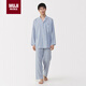 無(wú)印良品（MUJI）男式無(wú)側縫雙層紗織睡衣家居服 薩克森藍條紋5A XL