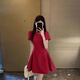LIZONGXI紅色短袖連衣裙女夏季法式千金訂婚禮服小個子收腰顯瘦紅裙子短裙 紅色【短袖短款】 S 【80-100斤】