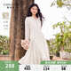 秋水伊人氣質(zhì)百搭連衣裙2025年春季新款女時尚通勤V領綁帶A字裙子 米白 M