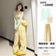 FSHE秋季2025新款休閑褲女套裝防曬辣妹長(cháng)袖上衣吊帶背心褲子三件套 綠色上衣+黃色背心+黃色褲子(三 L (105-120斤)