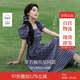 茵曼章若楠同款|法式格紋連衣裙夏季女裝百搭泡泡袖a字裙子 藏青  S