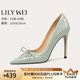 Lily Wei新款系帶尖頭高跟鞋真皮細(xì)跟御姐范單鞋小碼女情人節(jié)禮物 天青色【跟高10cm】 36