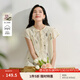 茵曼2025夏季女裝新款清新蝙蝠袖V領(lǐng)蝴蝶結(jié)系帶刺繡碎花短袖襯衫  淡香杏 XL