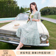 香影碎花v領(lǐng)連衣裙女2025夏裝新款海邊度假風(fēng)裙子高腰打攬雪紡裙 藍色 S