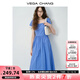 VEGA CHANG法式連衣裙女2025新款夏季方領(lǐng)泡泡袖高腰抽褶顯瘦藍(lán)色長裙子 寶石藍(lán) S