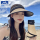 目丸防曬帽遮陽帽子女夏季折疊防紫外線遮臉大檐空頂太陽帽子騎車草帽 卡其色 方標(biāo)可折疊