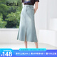 百圖betu女裝2025夏季新款半身裙前開叉棉感牛仔魚尾裙裙子女2505T52 淺牛仔藍(lán) L