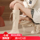 Supnba21綁帶高筒靴子女2025春秋新款后拉鏈長(zhǎng)靴圓頭厚底粗跟英倫風(fēng)馬丁靴 米白 38