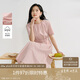 茵曼2025夏季女裝新款歐若風圓領抽褶棉質混紡短袖氣質連衣裙 淺粉色L