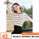 百圖betu女裝夏季新款T恤撞色圓領條紋提花透氣寬松短袖女2407T21 黑白條 L