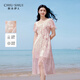 秋水伊人國(guó)風(fēng)復(fù)古優(yōu)雅連衣裙2025年夏季新款女雪紡印花飛飛袖長(zhǎng)裙 粉紅 M