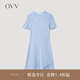 OVV2023春夏新款女裝彈力修身A型傘裝不對稱短袖U領針織裙 藍灰鑲拼09 M