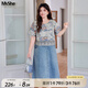 MsShe【復(fù)古國(guó)風(fēng)印花連衣裙】大碼女裝2025夏胖mm拼接蕾絲牛仔裙 牛仔淺藍(lán)色現(xiàn)貨 3XL