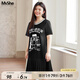 MsShe【珠地棉】大碼女裝2025夏裝胖mm閃粉印花拼接百褶T恤連衣裙 黑色現(xiàn)貨 3XL