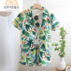 玉極虞男童夏裝短袖套裝新款夏威夷男孩兒童沙灘襯衫短褲套裝 男童套裝-綠色森林 90 CM