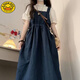 G.DUCKKIDS小黃鴨女童牛仔背帶連衣裙短袖襯衫兩件套女春夏裝中長(cháng)款裙子套裝 【單件】牛仔背帶裙 120 【適合36-45斤】