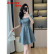 蔻伊婭（Kouyiya）品牌女裝新品復古方領(lǐng)泡泡袖氣質(zhì)牛仔連衣裙女轉夏季新款收腰短裙 牛仔藍 S
