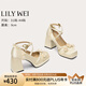 Lily Wei【洛之瑤】高級感甜美設(shè)計感婚鞋小個子防水臺瑪麗珍單鞋 香檳色【跟高9cm】 36